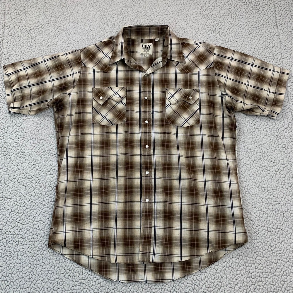 Ely Cattleman Western Shirt Mens L Brown Plaid Pearl Snap Short Sleeve Cotton